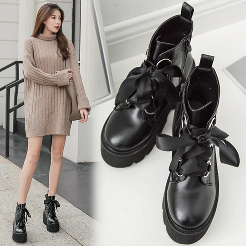 

british style outside work boots new design creeper height increases zipper martin booties wide band lace-up short ankle botines