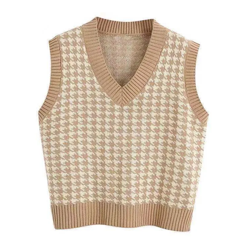 

Sleeveless Geometric Houndstooth Sweater Vest Women V Neck Pullover Casual Knitted Fall Winter Sweet Jumper Korean Knitwear 2021