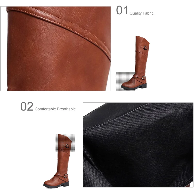 Autumn Shoes Women Knee High Boots Female Buckle Strap Platform Black PU Low Heels Motorcycle Boots Zip Ladies Classic Footwear