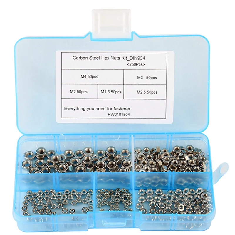 M1.6 M2 M2.5 M3 M4 Carbon Steel Hex Nut Assortment Kit 250 Pcs/Set Hexagon Nuts Metric Thread Assortment Kit
