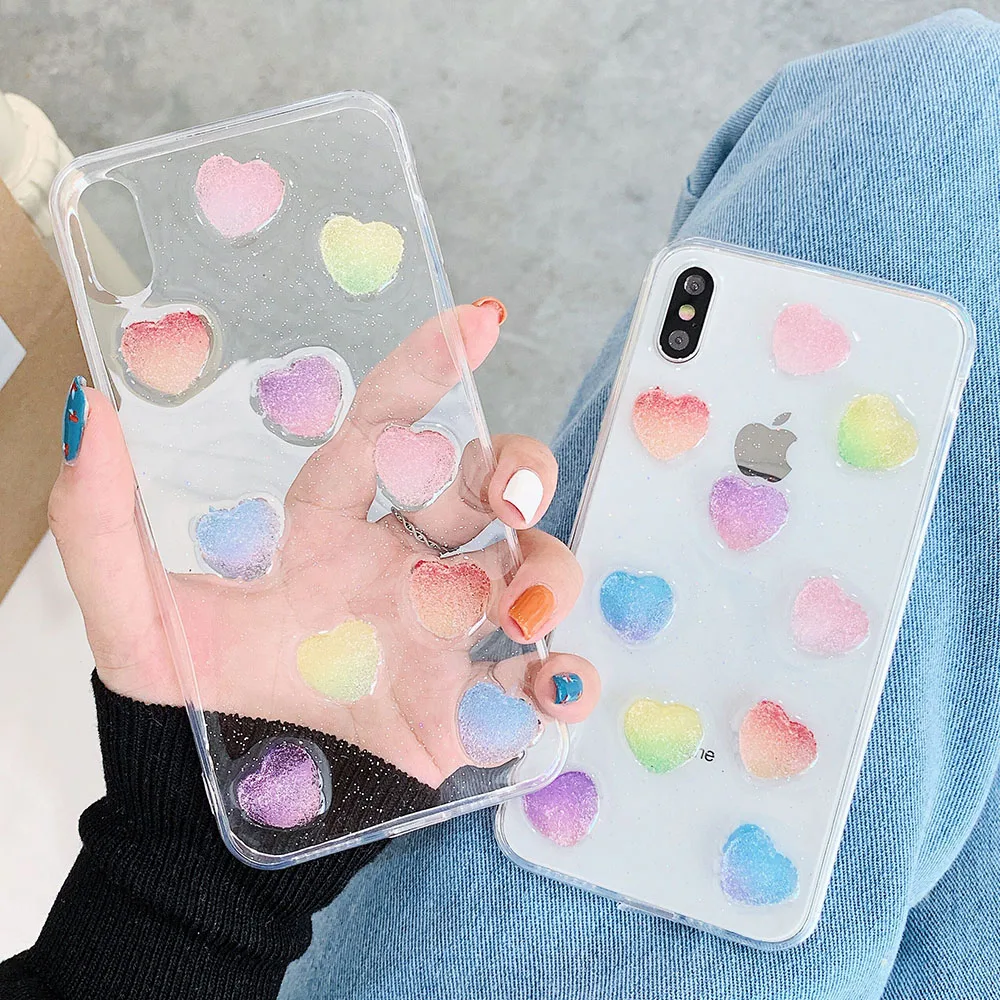 

Heart Candy Color Phone Case for iPhone 7 8 Plus 6 6s Plus X 11 Pro XS MAX Transparent TPU Handmade Back Cover for iPhone XR