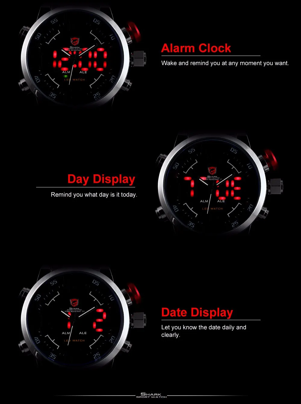 Брендовые мужские спортивные часы с акулой, брендовые, Роскошные, полностью стальные, цифровые, с календарем, наручные часы, кварцевые, Relogio Masculino