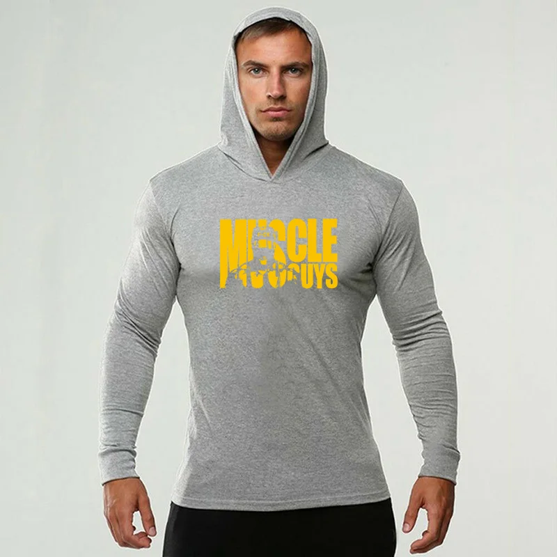 Muscleguys футболка с капюшоном для бодибилдинга Мужская футболка с длинным рукавом брендовая простая для тренажёрного зала одежда модная облегающая хлопковая футболка