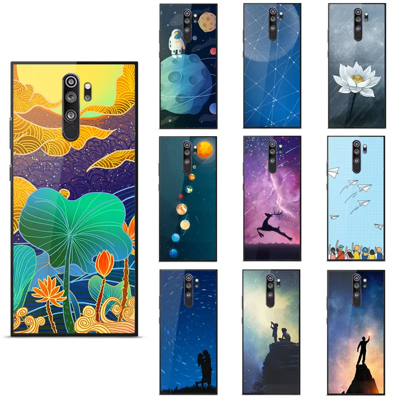 

RedMi 9C 9A 9 10X 4G Case Fashion Mirror Painted pattern Tempered glass Seismic Back Cover For RedMi Note 9 8 Pro 8T Phone Case