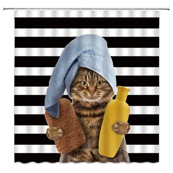 

Funny Cat Bathing Shower Curtain Cute Pet Black White Stripe Background Head Wrapped Towels Bath Creative Animals Theme Picture