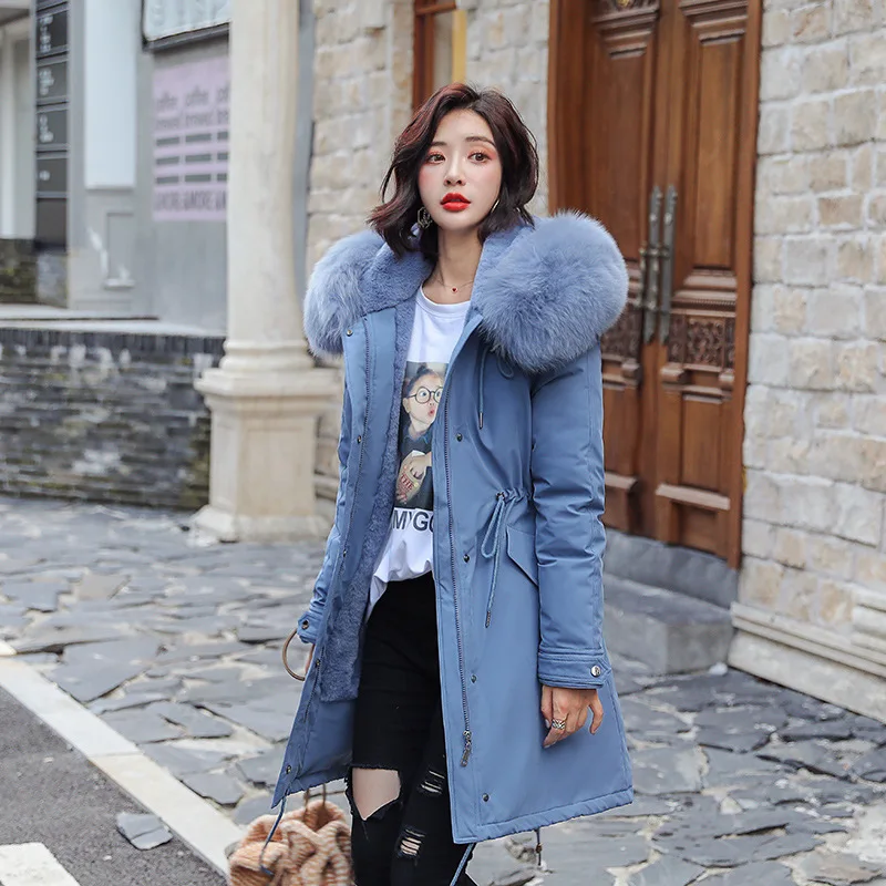 Winter Jacket Women Long Coat Autumn Warm Velvet Thicken Faux Fur Collar PLus Size Coats Parka Female Solid Big Pocket Outwear - Цвет: Синий