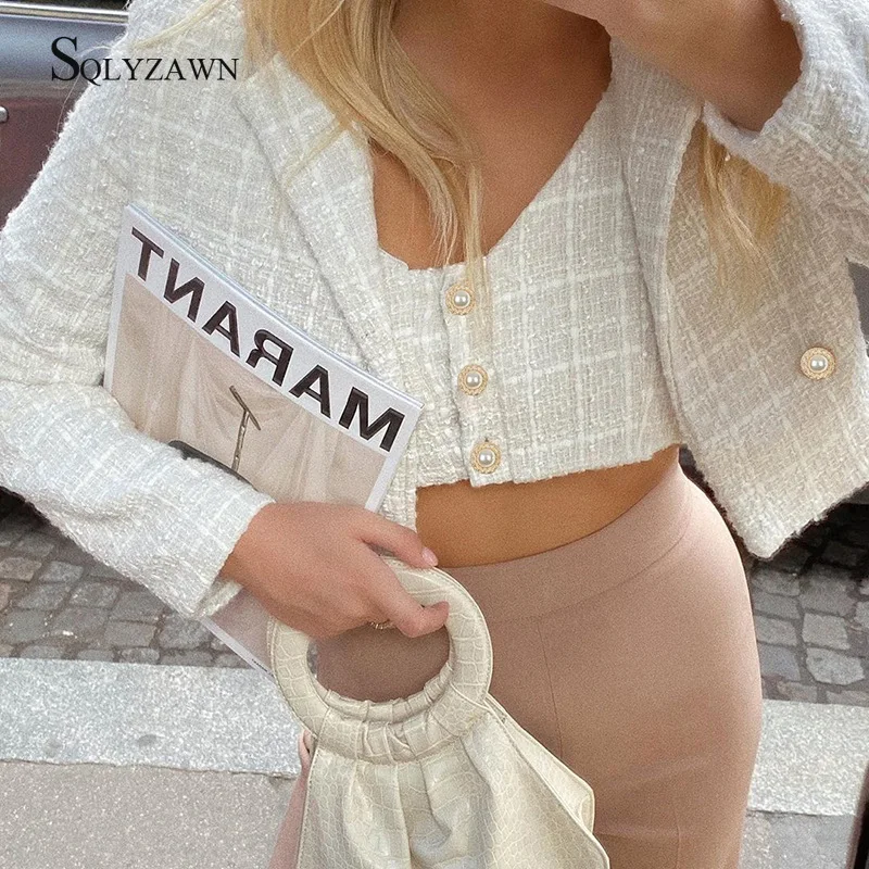 Greatest  Pearl Button Tweed White Plaid Cropped Jacket Women Vintage Mujer Office Wear Elegant Wool Coat Win