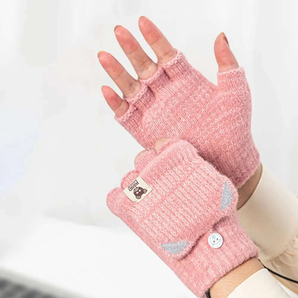 winter Electric heating gloves female style USB charging heating half-finger clamshell woolen knitted cartoon online warm gloves