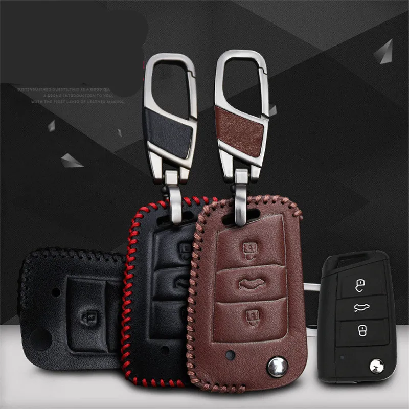 

[Elegant] Car Key Case Top layer leather Key Protection Cover ForVW Golf 7 Car-Styling Interior Accessories