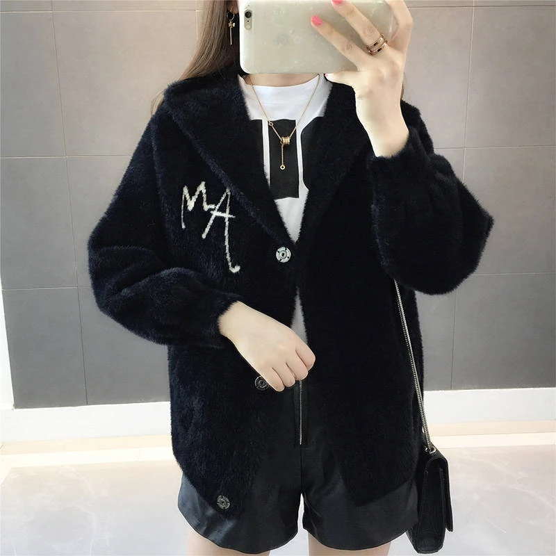 Women Mink Fur Jacket Autumn Winter Women Coat Loose Embroidered Thick Velvet Hooded Sweater Female Cardigan