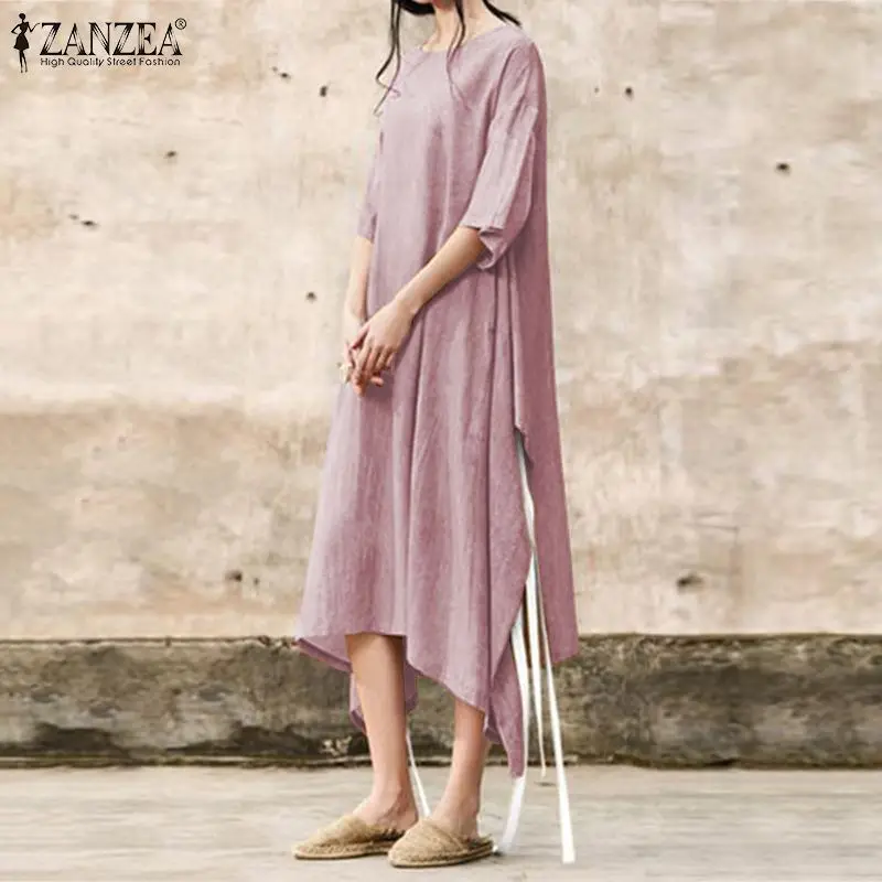ZANZEA/летнее платье в винтажном стиле, женское платье с коротким рукавом, со шнуровкой сзади, сарафан, повседневное однотонное платье миди, кафтан, вечерние платья, Vestido Femme