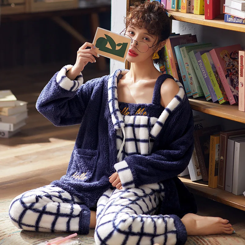 

Pajamas Women's Autumn & Winter Thick Warm Coral Velvet Night-robe Mid-length Three-piece Set-Flannel Tracksuit Winter
