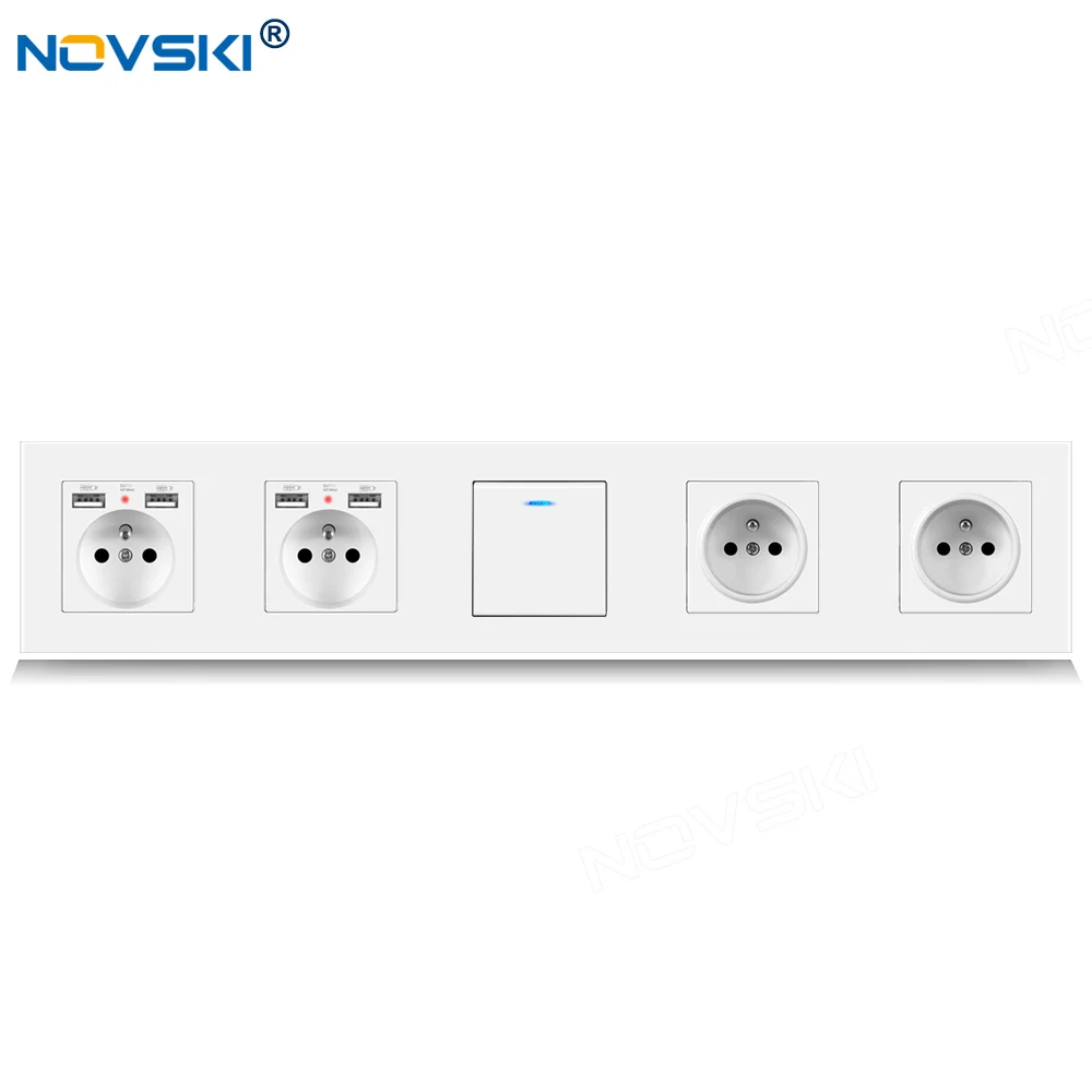 

430 EU Standard DIY Quintuple Frame Switch Socket, Schuko Plug Type, 2.1A Dual USB Charging Outlet, German Bayer Base, White
