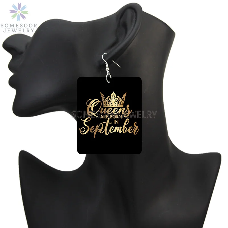 SOMESOOR Black Queen Are Born In 12 Months Wooden Drop Earrings Golden Crown Printed African Dangle For Women Birthday Gifts
