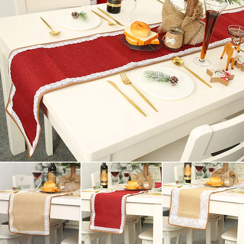 Christmas Linen Lace Trim Table Runner Tablecloth Party Dinner Home Decoration 180*30cm Hotel Restaurant Thanksgiving