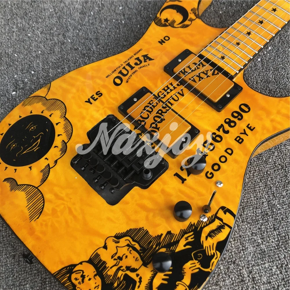 Желтый KH-2 Ouija Kirk Hammett Cynthia электрогитара, луна и звезды инкрустация ES гитара a, кленовый гриф