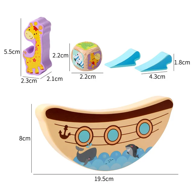 Montessori Animal Stack Balance Game Wooden Marine Life Throwing Dice Stacking Building Blocks Balance Training Educational Toys 6