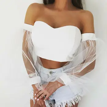 

2019 Summer Women See-through Sheer Mesh Off Shoulder Solid Puff Sleeve T-shirt Top