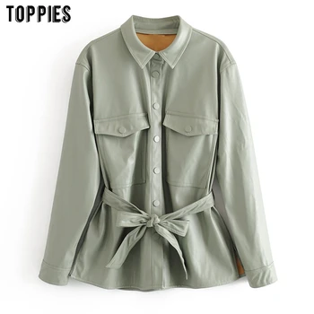 

toppies 2020 light green faux leather jacket coat womens lace-up belt coat high street ladies outwear single breasted