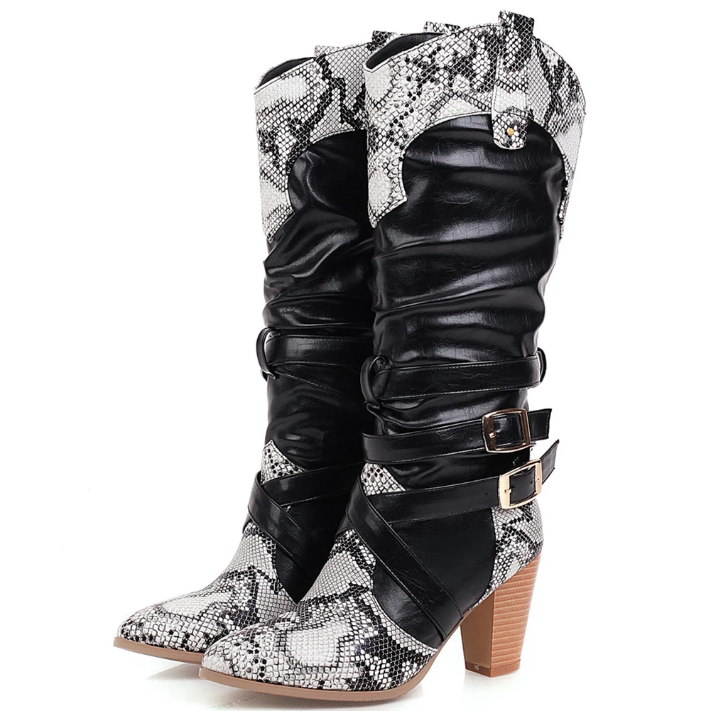 KARINLUNA New INS Hot Plus Size 47 Fashion Pointed Toe Snake Veins Boots Ladies High Heels Shoes Woman Buckle Party Boots Women - Цвет: Черный