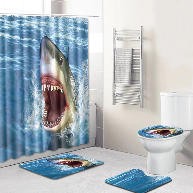 HOT-180X180Cm Waterproof Bathroom Shower Curtain Toilet Cover Mat Non-Slip Rug Set 6 Hooks