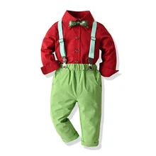 Dla dzieci boże narodzenie bawełna czerwony z długim rękawem łuk koszula z klapą zielone ramię spodnie w paski kostium imprezowy 2-8 lat wygodne tanie tanio Dollbling Chłopcy CN (pochodzenie) Wiosna i jesień COTTON W wieku 0-6m 7-12m 13-24m 25-36m 4-6y 7-12y Elastyczny pas Stałe