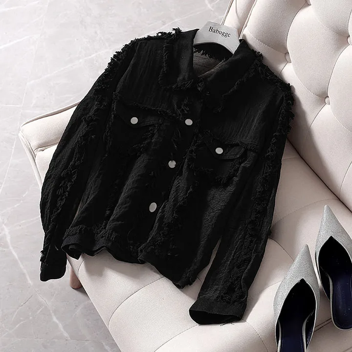New Raw Edge Denim Stitching Shirt Women Streetwear Long Sleeve Lapel Ripped Denim Blouse Female Students Loose Oversize Blusas