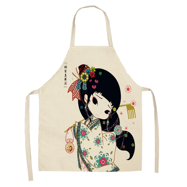 1 Pcs Girl Printed Kitchen Aprons for Women Home Cooking Baking Ancient Costume Beauty Waist Bib Cotton Linen Pinafore