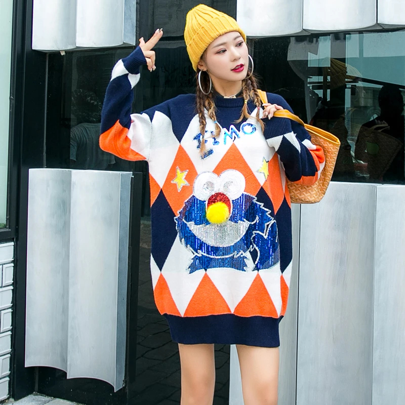 

Women's knitted sweater autumn and winter thick pullover sweater women cartoon loose outer wear patch sequin knitted top tide