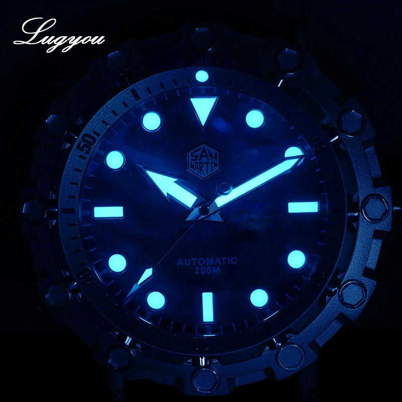 Lugyou Сан Мартин Осьминог дайвер часы Мужские механические титановые класса 5 200 м водонепроницаемый настроить сапфир куполообразные Акула кожа SLN
