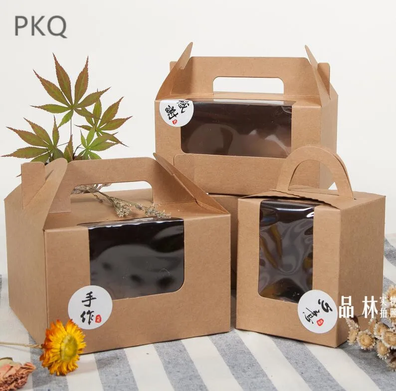 

1/2/4/6 cake packaging Kraft Paper Cupcake Box Cake Box With Clear PVC Window Wedding Party Favor Box Cake packing with handle