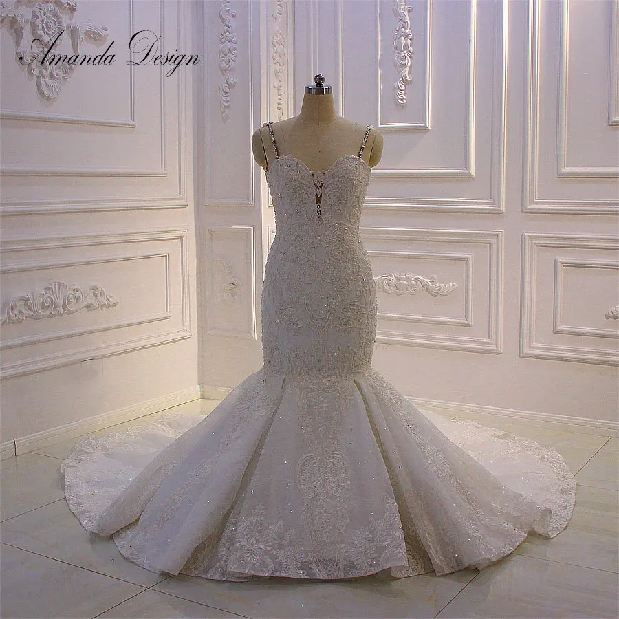 

Amanda Design vestidos de novias elegante Spaghetti Straps Handwork Luxury Mermaid Wedding Dress