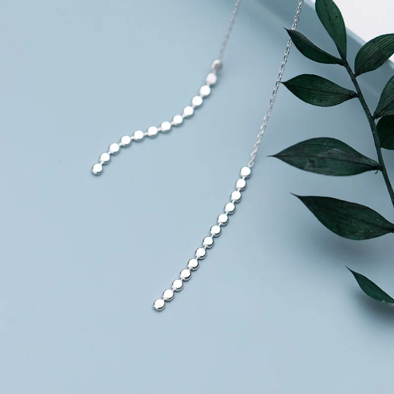 

1pair Authentic Real 100% 925 Sterling Silver fine Jewelry DISC COIN Round Geometric ear line Threader dangle Earrings gtle2835