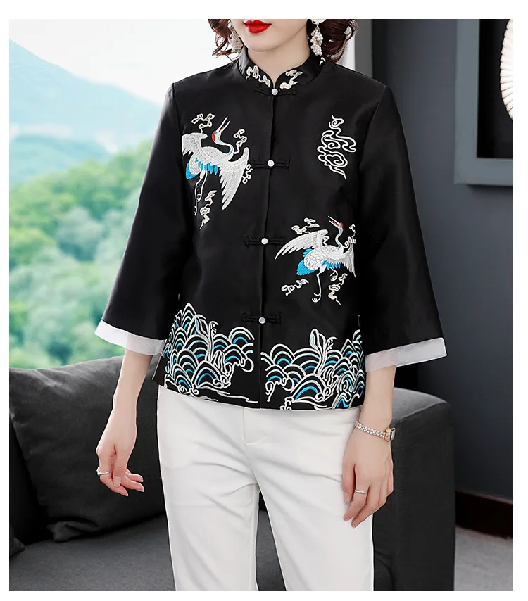 Китайский стиль Феи кран вышитые Пан Кнопка cheongsam стиль короткий раздел куртка Верхняя одежда для женщин