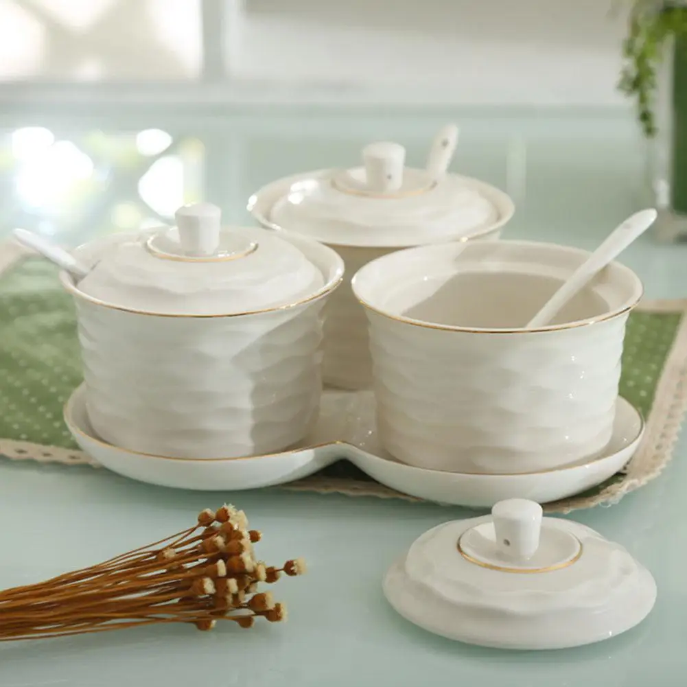 

IdealHouse 4Pcs/Set Ceramic Seasoning Containers Spoons Tray Salt Pepper Spice Condiment Jars