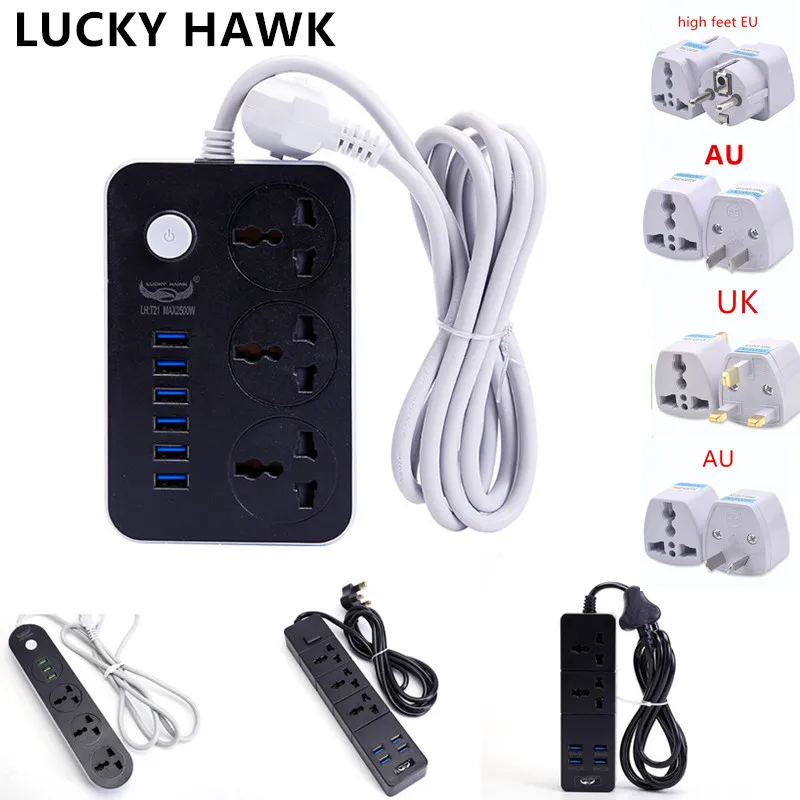 Regleta de alimentación Universal inteligente, enchufe USB de 5V, 3,4a, 3 salidas de carga, 6 enchufes de alimentación rápida, 2m de longitud, UK/ EU/ AU/tira de alimentación
