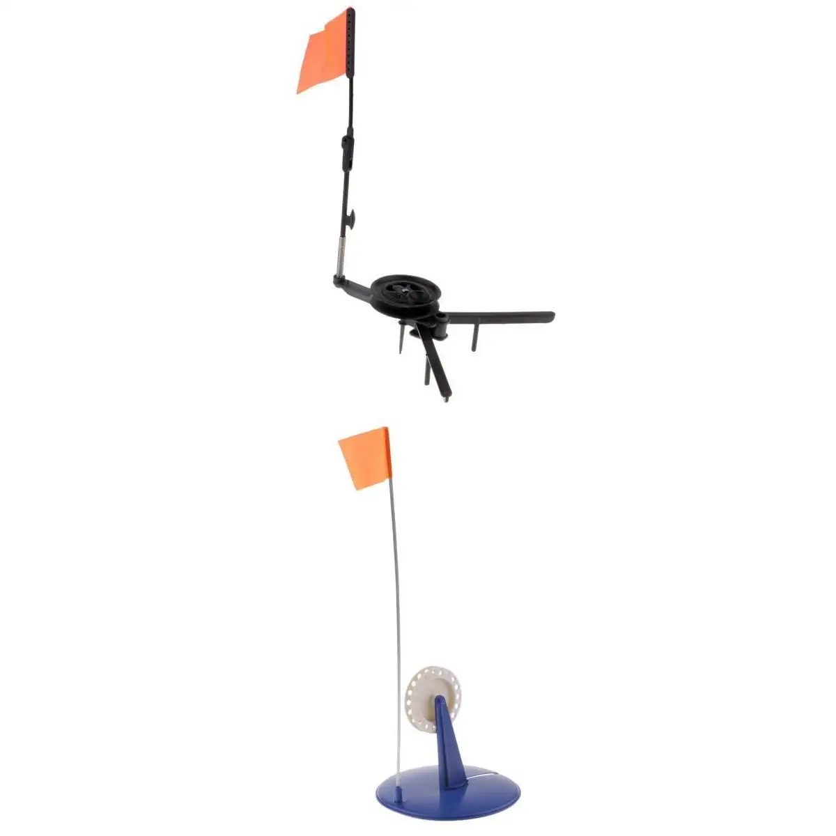 2x Sturdy ABS Folding Ice Fishing Rods Triangular Tip-Up with Orange Flag Black& Blue Ice Rod