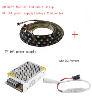 

5m DC5V WS2812B Led Strip 30 pixels/leds/m WS2812 IC Smart 5050 RGB led Strip light+ LED Power Supply + DC SP002E LED Controller