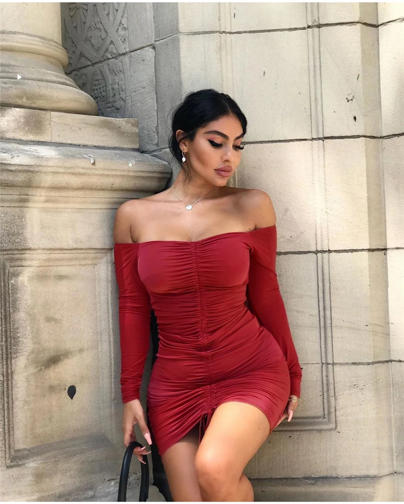 NewAsia Garden Off Shoulder Sexy Dress Women Autumn Long Sleeve Bodycon Ruched Dress Can Adjust Length Party Dress Black