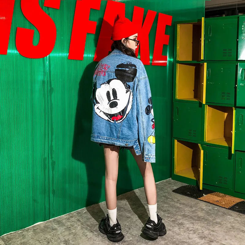lower price  High quality autumn models wild trend personality loose denim ladies jacket was thin cartoon street