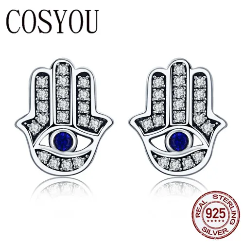 

COSYOU Trendy 100% 925 Sterling Silver Fashion Hamsa Hand Clear CZ Stud Earrings for Women Sterling Silver Jewelry Gift SCE389