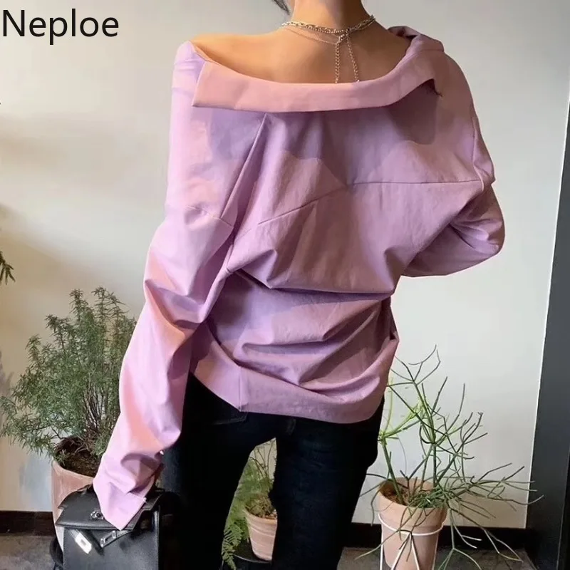Neploe/Сексуальная рубашка без бретелек на плечо с длинным рукавом, повседневная с v-образным вырезом, Короткие Блузы Mujer Invierno, новая Корейская блузка для женщин 46521