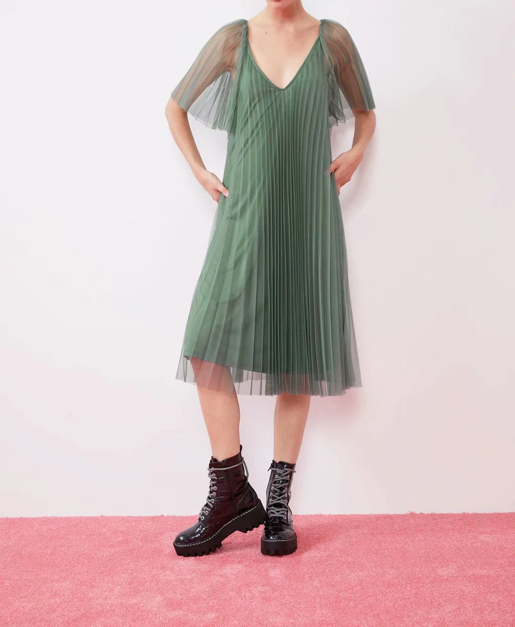 Зеленое женское платье со звездами Светлячок элегантное Плиссированное Сетчатое платье с v-образным вырезом однотонное повседневное пляжное платье офисное женское платье