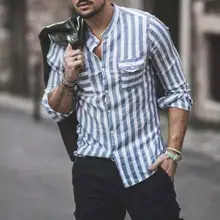 Модная мужская полосатая рубашка с двойными карманами и стоячим воротником, с длинным рукавом и пуговицами, топ с пуговицами и полосками, дизайн Slims Fit Double Pocket Offi