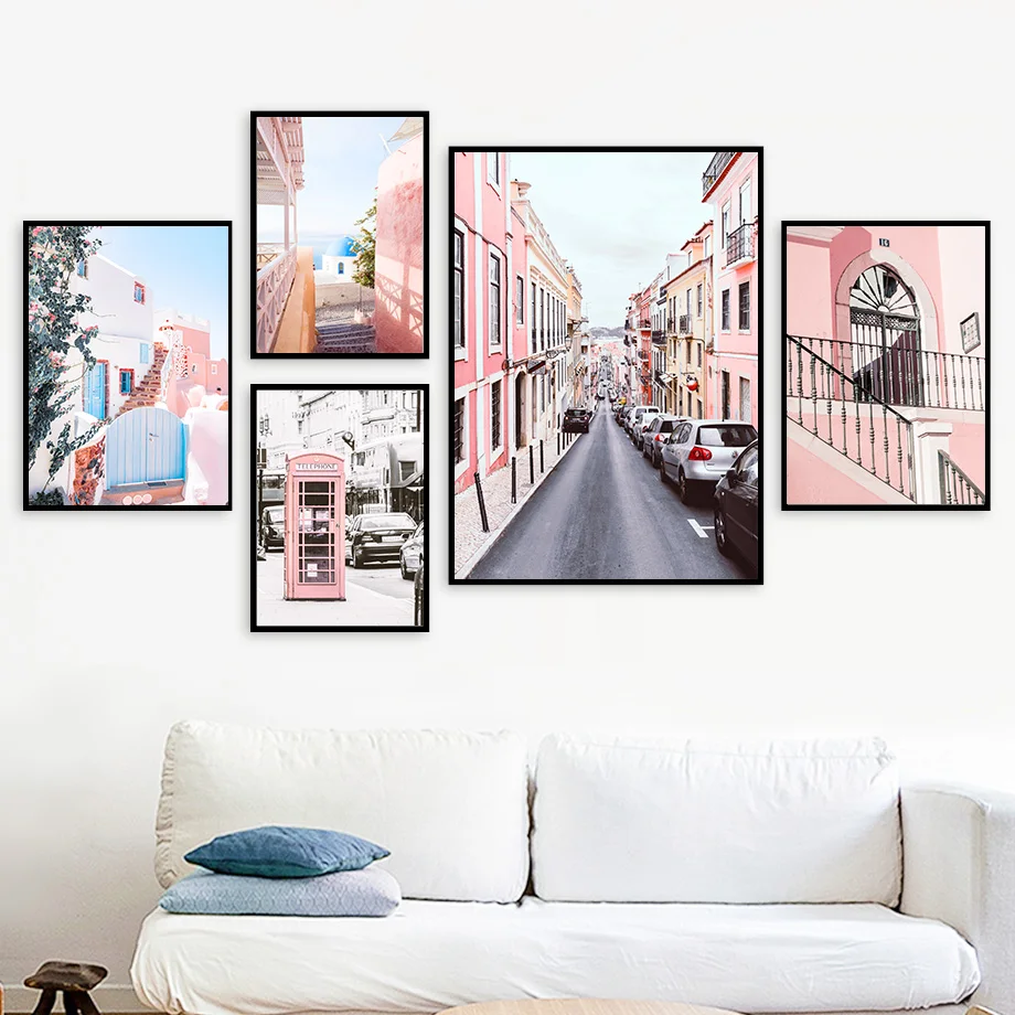 Pink-Building-Telephone-Tooth-Greek-City-Nordic-Posters-And-Prints-Wall-Art-Canvas-Painting-Wall-Pictures