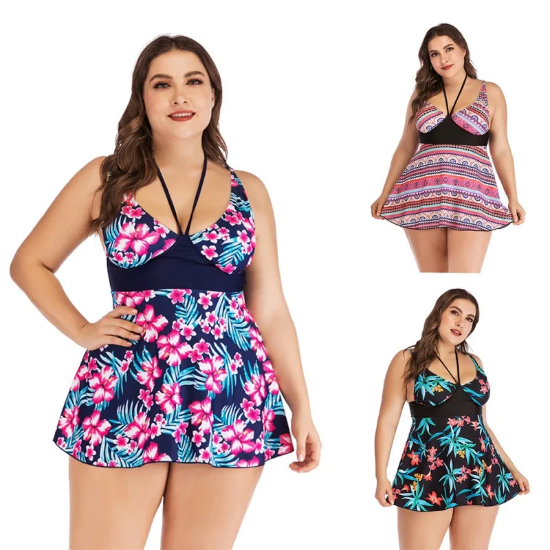 

2019 New Style Omega-Fertilizer Extra-large Printed Bathing Suit Conservative Slimming Skirt Bikini Foreign Trade Large Size Swi