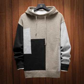 

Winter New Sweater Men's Fashion Contrast Color Casual Knit Hooded Sweater Man Streetwear Wild Loose Long-sleeved Pullover Men