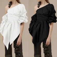 Fashion Womens Tops and Blouses Celmia Summer  Lantern Sleeve One Shoulder Sexy Shirt Casual Belted Elegant Office Party Blusas
