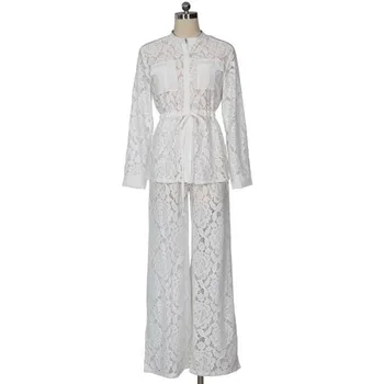 

white lace Ladies Long Sleeve Jacket Wide Leg Two-Piece Casual Suit