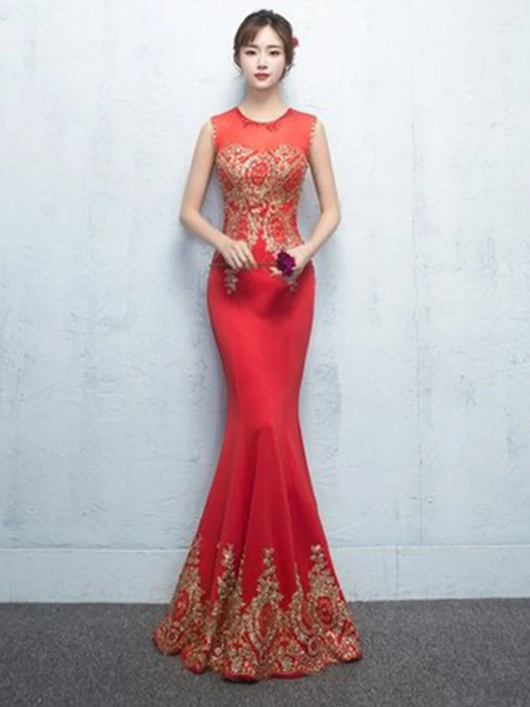 red Прозрачное вечернее платье, без рукавов, с блестками, Robe De Soiree, F111, жемчуг, Русалка, вечерние платья, длина до пола, официальное платье для выпускного вечера - Цвет: red